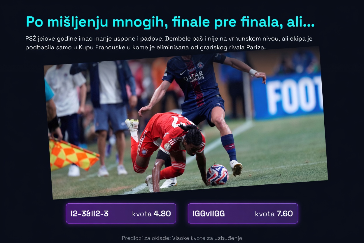 Po mišljenju mnogih, finale pre finala, ali… PSŽ je ove godine imao manje uspone i padove, Dembele baš i nije na vrhunskom nivou, ali ekipa je podbacila samo u Kupu Francuske u kome je eliminisana od gradskog rivala Pariza.